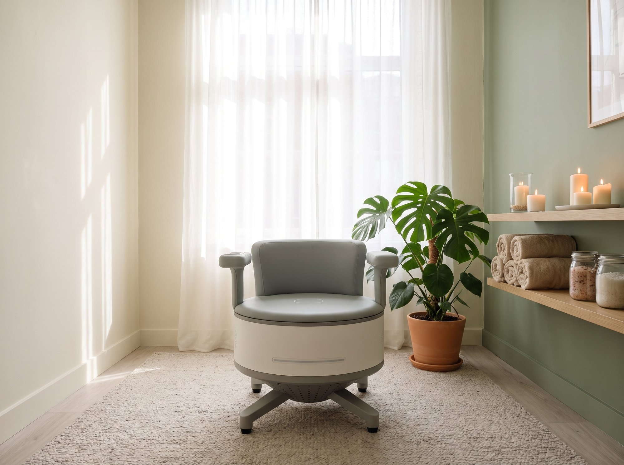 The Ultra Tesla Seat pelvic chair in a calm, light treatment room