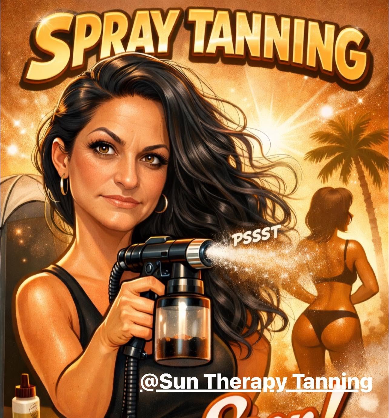 Sun Therapy spray tanning artwork of founder Rebecca